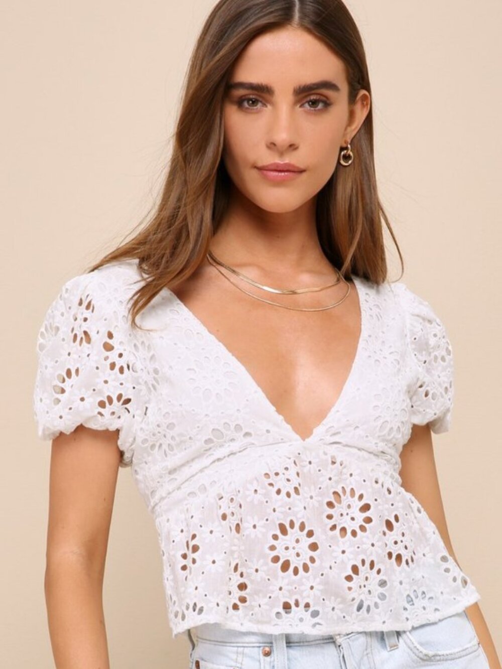 Lulus Adorably Elite White Eyelet Tie-back Puff Sleeve Top - Size XL